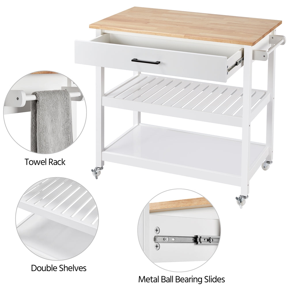 Topeakmart Kitchen Island Cart Wheels with Storage and Drawer Solid Wood Countertop White