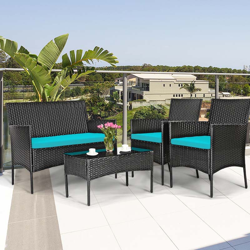 4 Pcs Rattan Patio Conversation Furniture Set Wicker Outdoor Sofa Set with Cushions & Coffee Table