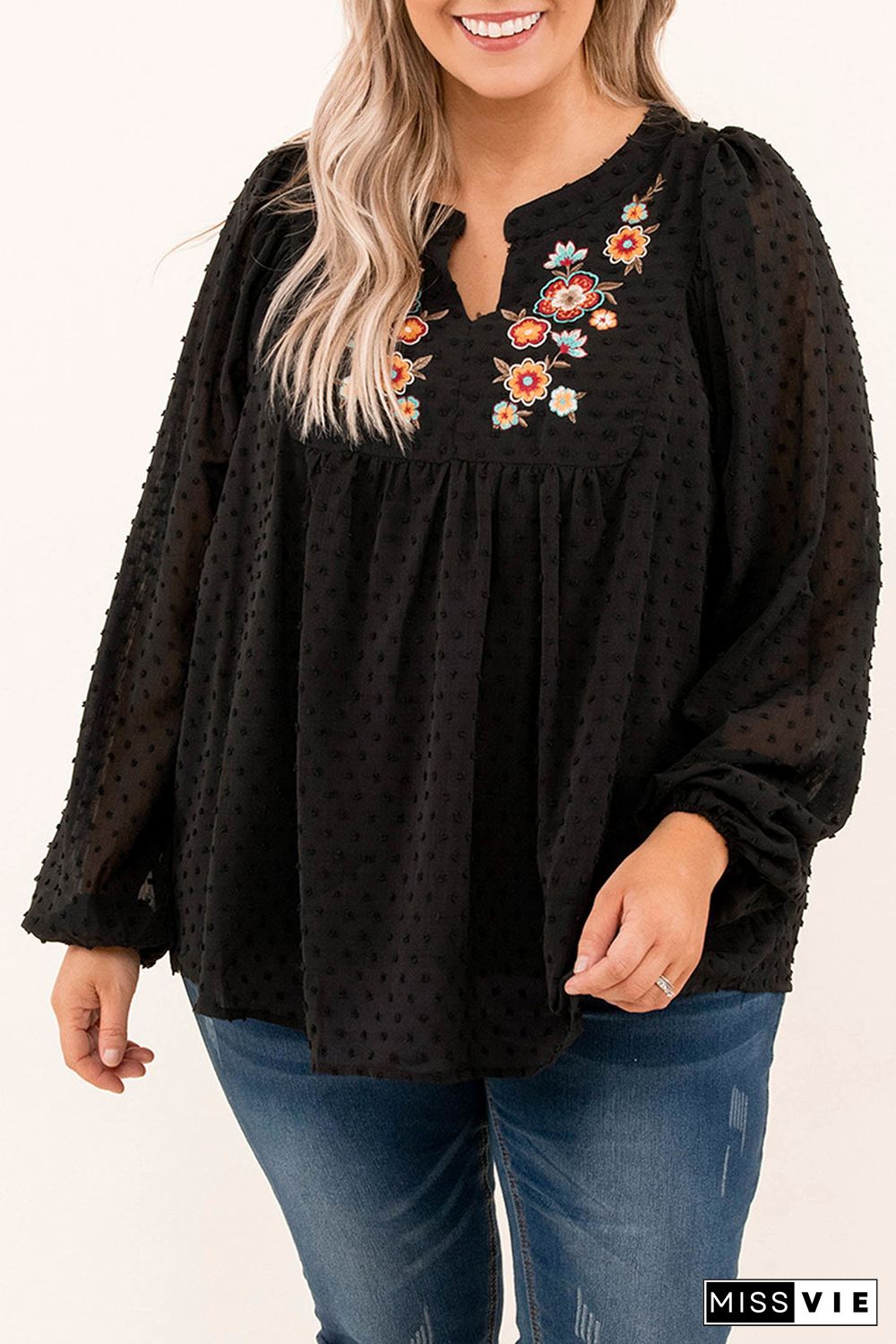 Black Embroidered Swiss Dot Texture Plus Size Blouse