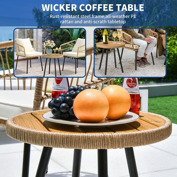 Moasis 3 Pieces Outdoor Wicker Furniture Patio Bistro Set with Table and Cushions