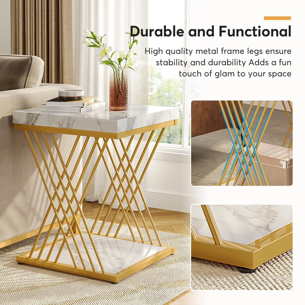 Faux Marble White and Gold Square Side Table End Table