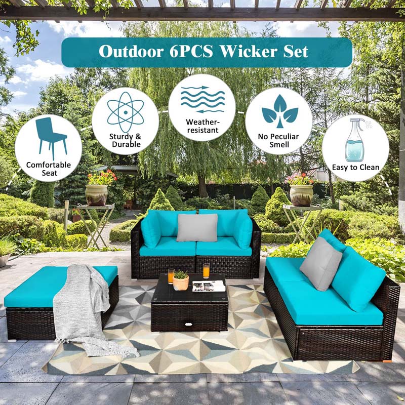 6 Pcs Outdoor Rattan Sectional Sofa Set with Coffee Table & Removable Seat & Back Cushions