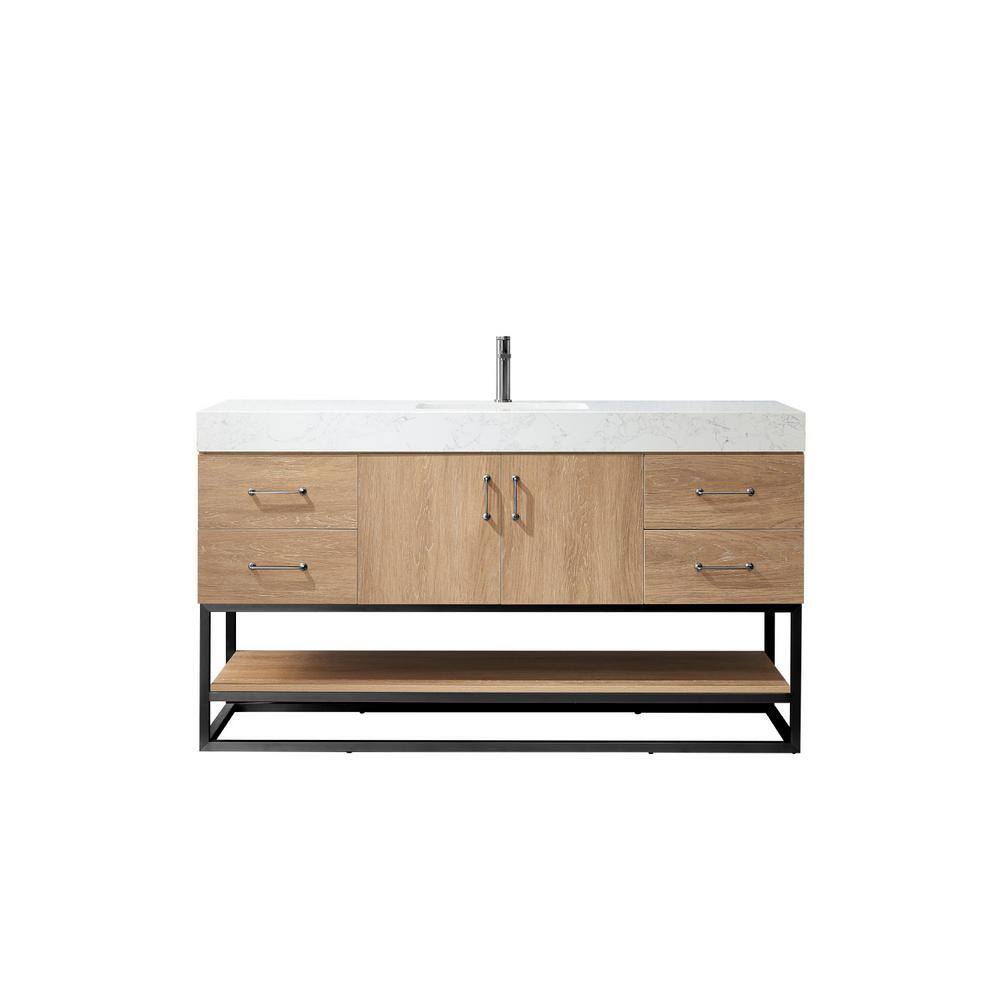 ROSWELL Alistair 60B in. W x 22 in. D x 33.9 in. H Single Sink Bath Vanity in North American Oak with White Grain Stone Top 889060BS-NO-GWN