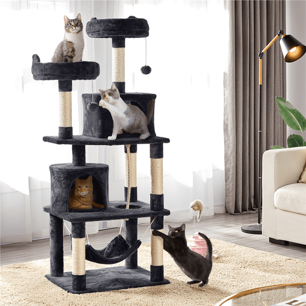 SMILE MART 62.2" Double Condos Cat Tree and Scratching Post Tower, Black