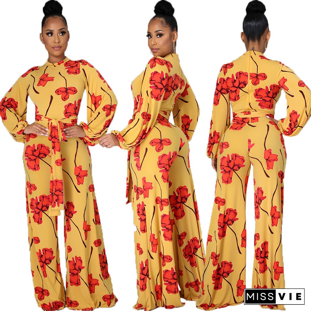 Fashion Digital Printing Spring Autumn O-Neck Long Sleeve Belted One Piece Wide Leg Jumpsuit