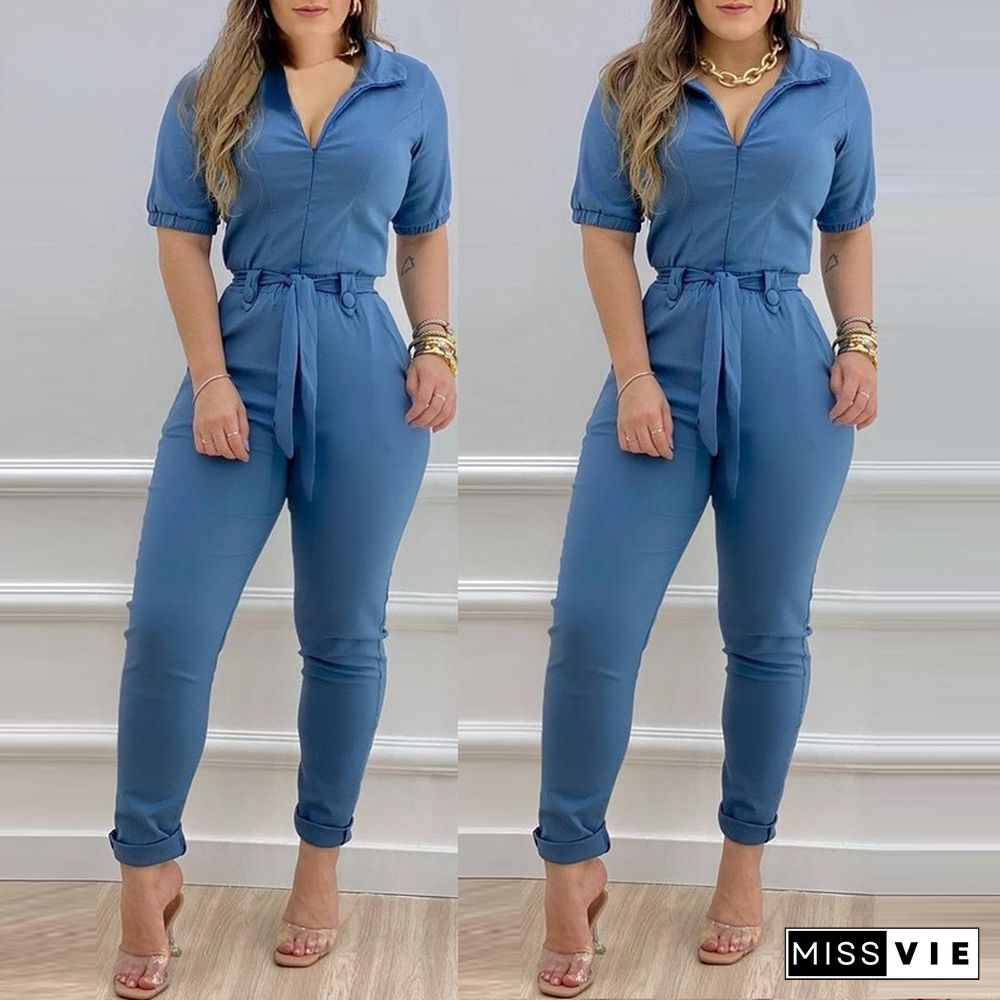 Women Solid Elegant Zipper Sashes Short Sleeve Skinny Jumpsuit