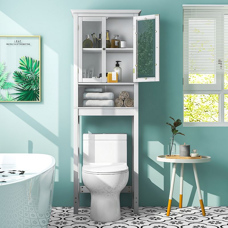 Over the Toilet Storage Cabinet with Double Tempered Glass Doors