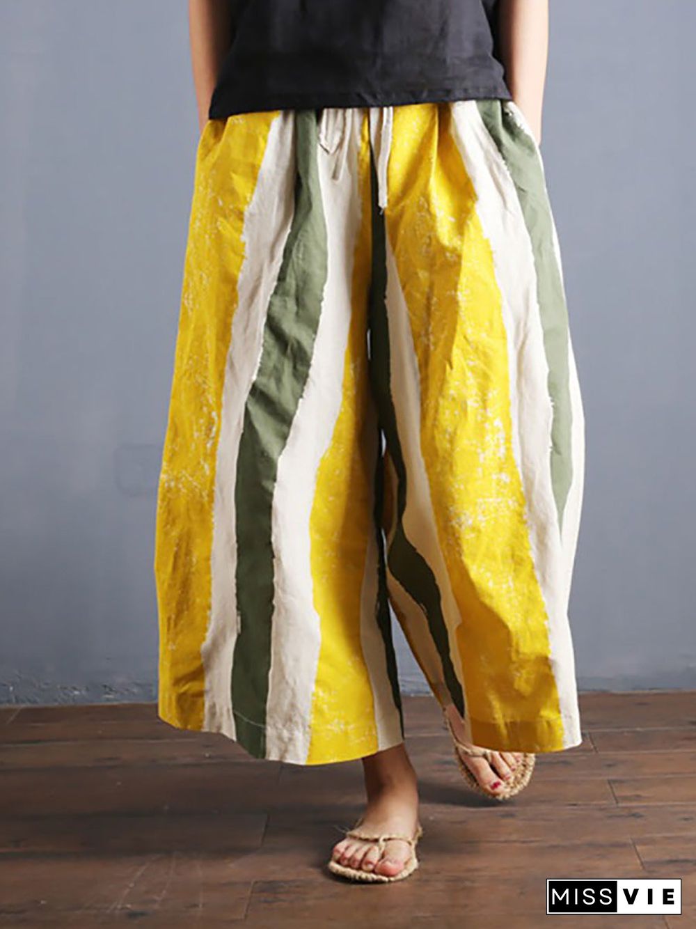 Plus Size - Summer Colored Stripe 100% Linen Wide Leg Pants