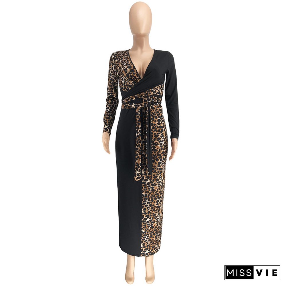 Sexy Deep V Leopard Printed Patchwork Skinny Maxi Dress