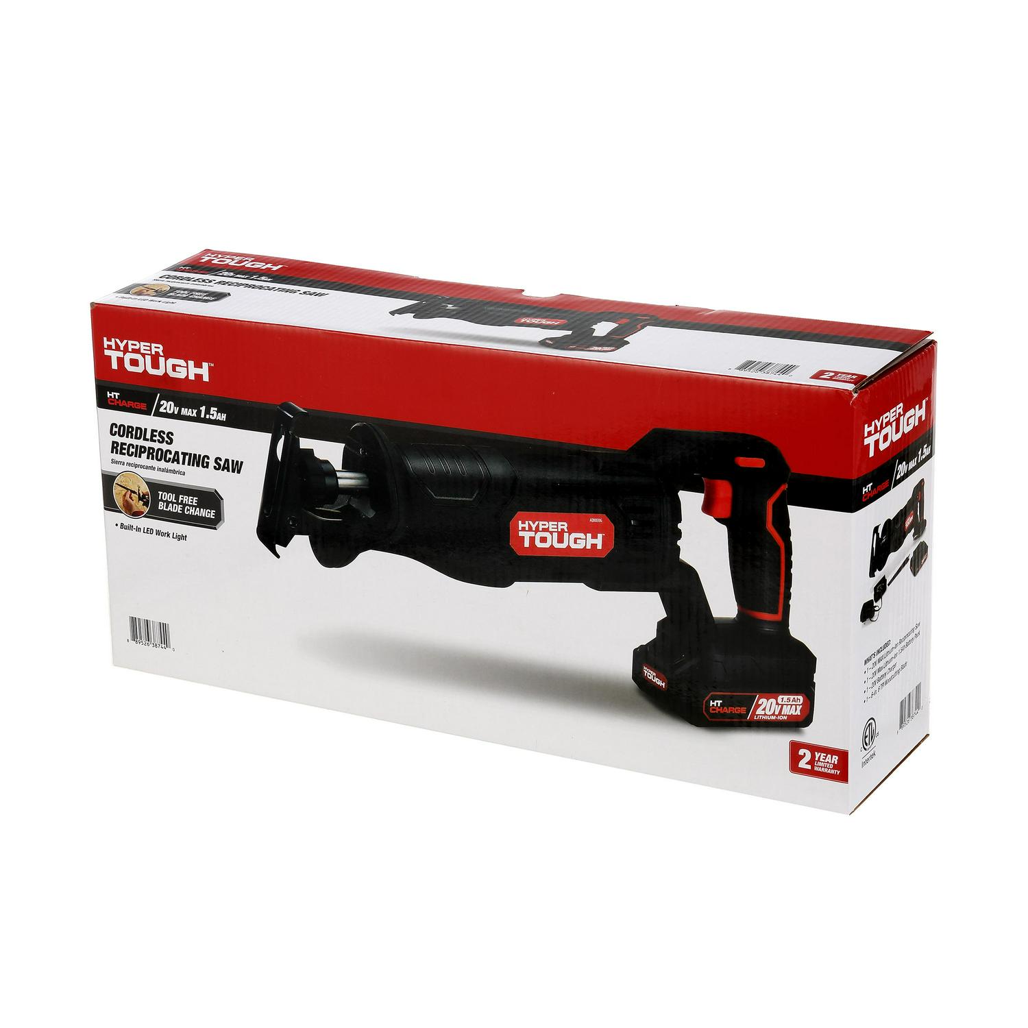 Hyper Tough 20V Max Lithium-ion Cordless Reciprocating Saw， Variable Speed， Keyless Blade Change， with 1.5Ah Lithium-ion Battery and Charger， Wood Blade and LED Light