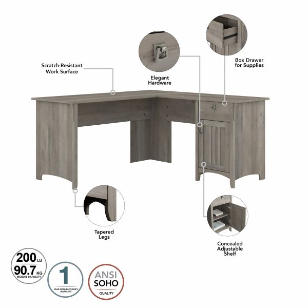 Bush Furniture Salinas 60W L Shaped Desk with Storage in Driftwood Gray