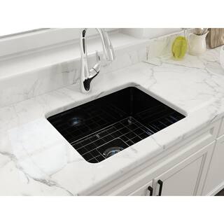 BOCCHI Sotto Black Fireclay 24 in. Single Bowl UndermountDrop-In Kitchen Sink wProtective Bottom Grid and Strainer 1627-005-0120