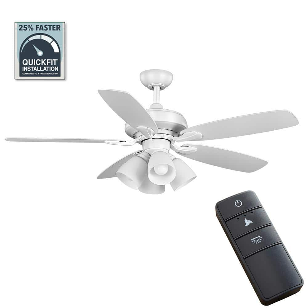 Hampton Bay Hollis 52 in Indoor LED Matte White Dry Rated Ceiling Fan with 5 Reversible Blades Light Kit and Remote Control