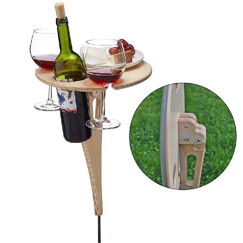 YUOPEEA Outdoor Wine Table Foldable Round Desktop Mini Wooden Picnic Table Collapsible Wine Glass Rack Travel Portable