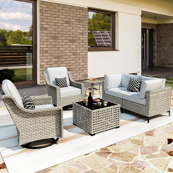 OVIOS 6 Pieces Outdoor Wicker Swivel Chair Set With SolarPowered Coffee Table