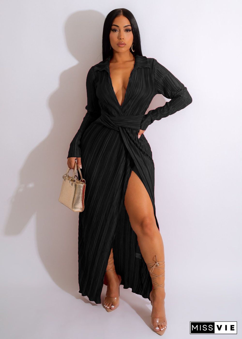 Sexy Slit New V-neck Long-sleeved Pleated Dress