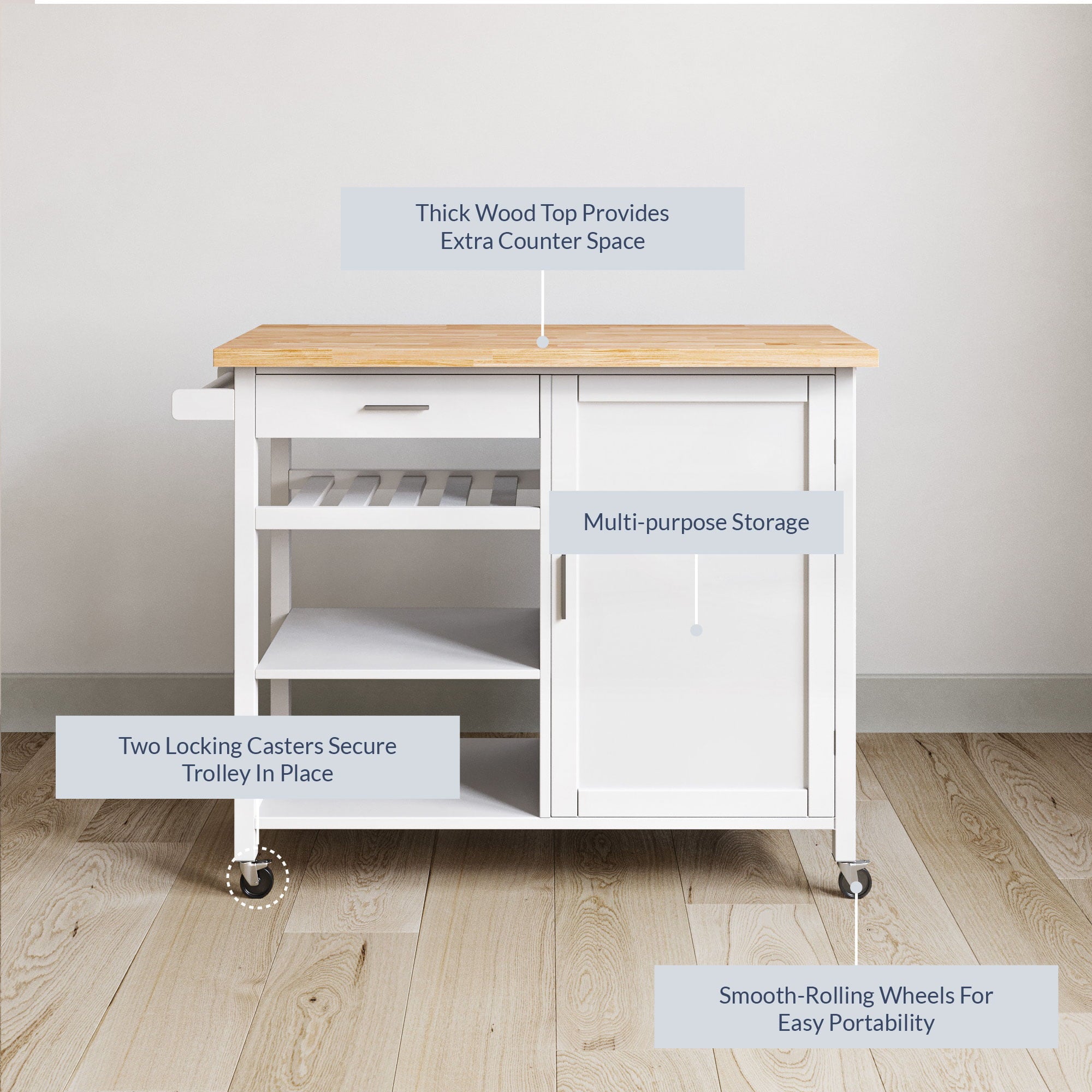 BELLEZE Rolling Kitchen Island Utility Cart with a Drawer- Sonoma (White)