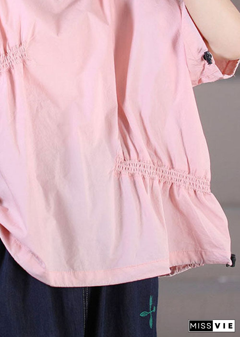 Plus Size Pink Wrinkled Drawstring Cotton Pullover Sweatshirt Top Summer