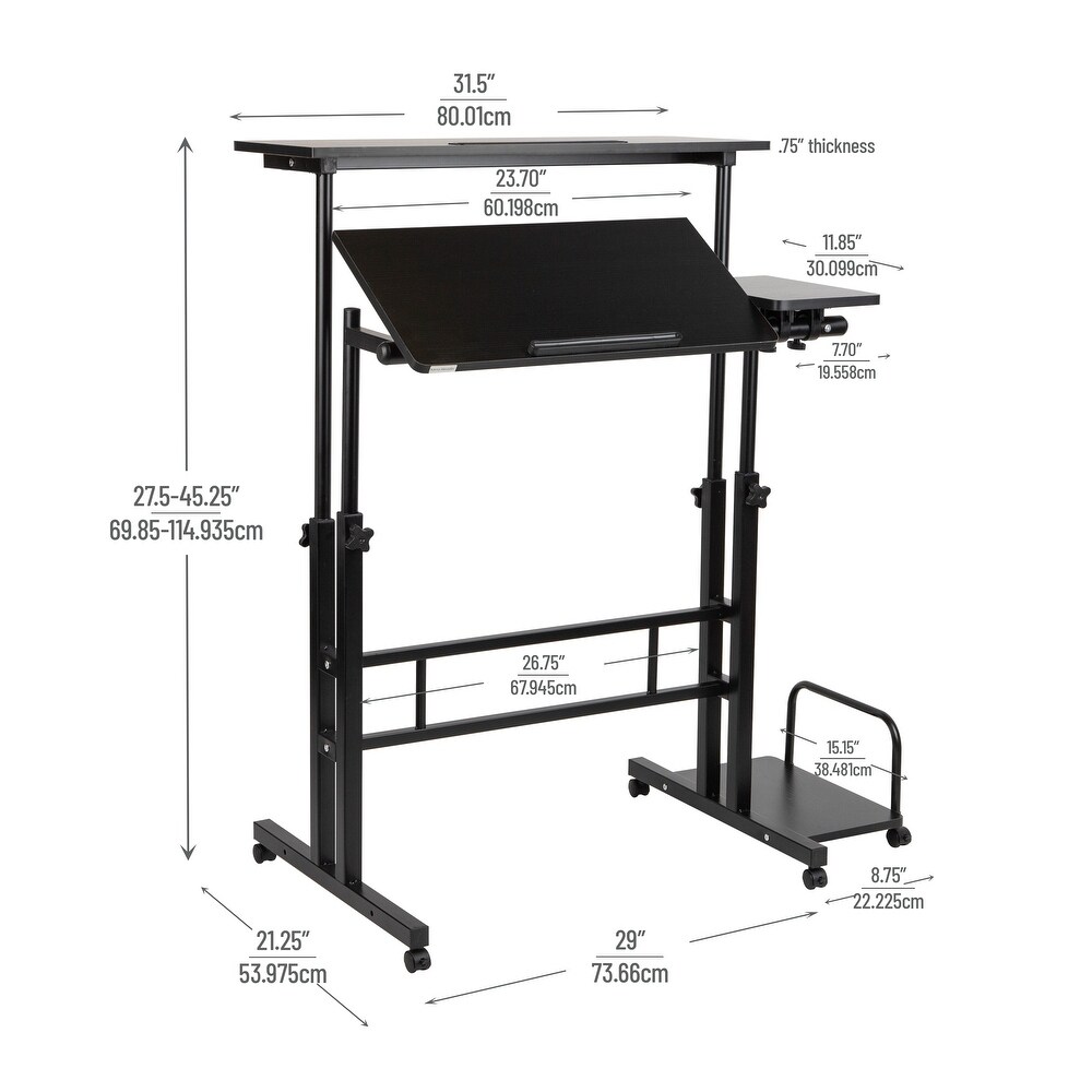 Mind Reader Woodland Collection  Mobile Sit/Stand Desk  Height Adjustable  Tiltable  Lockable Casters