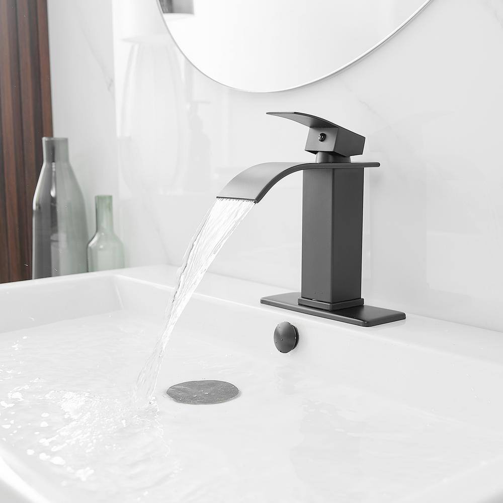 BWE Waterfall Single Handle Single Hole Low-Arc Bathroom Faucet Bathroom Drip-Free Vanity Sink Faucet in Matte Black A-96021B-SS