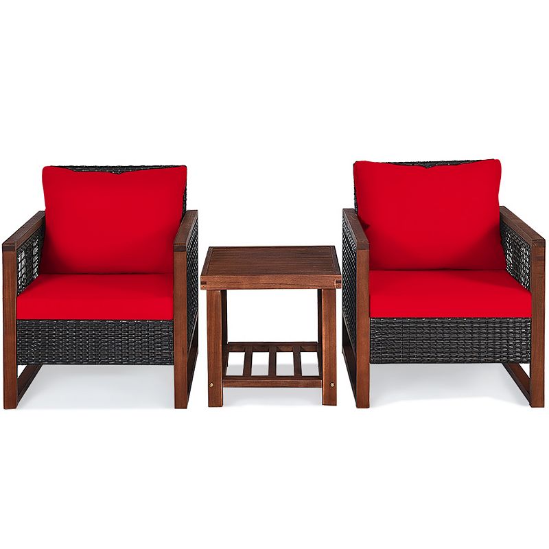 3 Pieces Patio Wicker Furniture Set with Washable Cushion and Acacia Wood Coffee Table