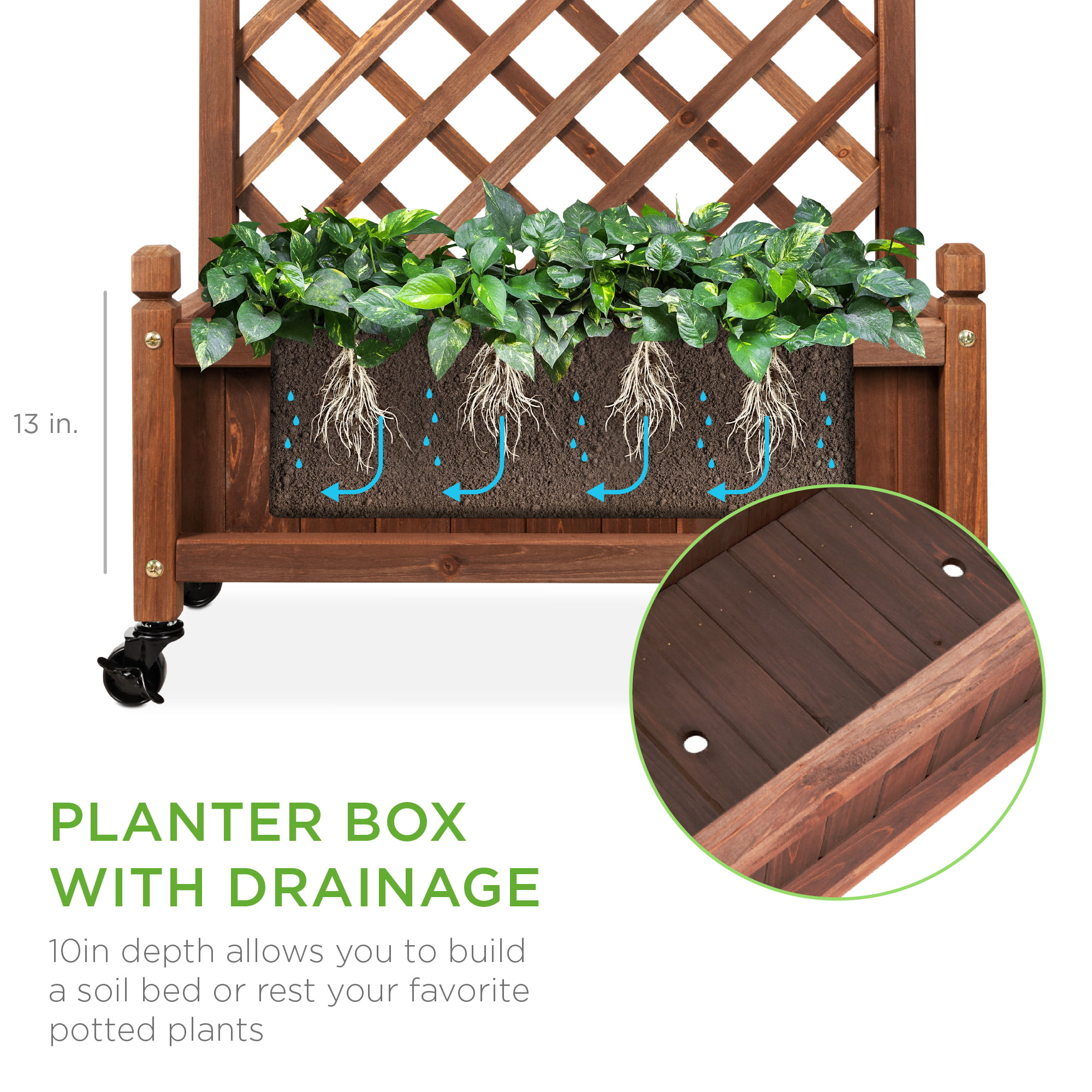 Best Choice Products 60in Mobile Wood Planter Box and Diamond Lattice Trellis， w/ Drainage Holes， Optional Wheels - Walnut