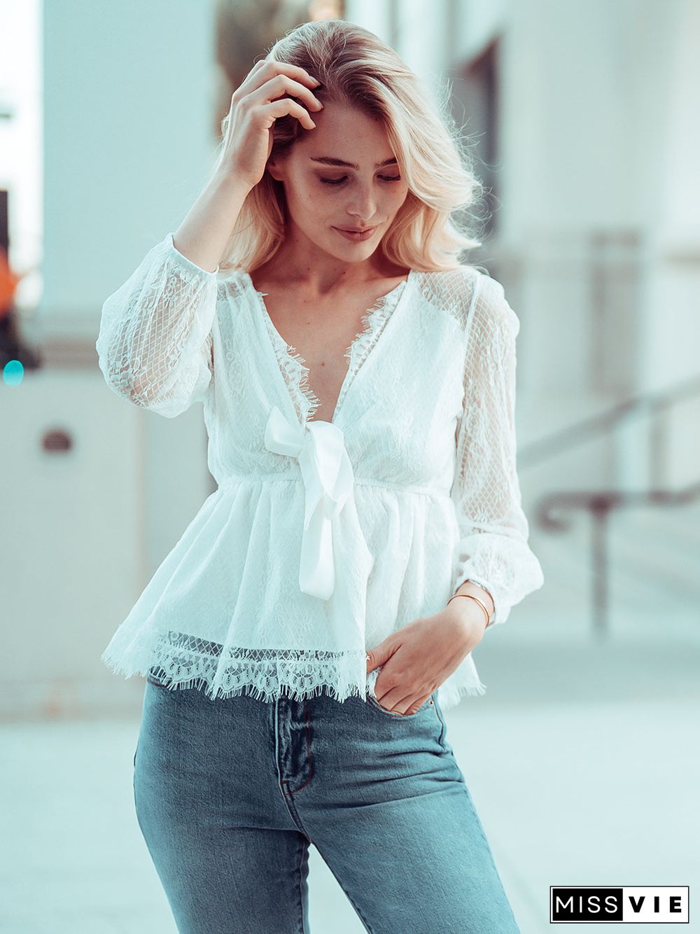 Plunge Neck Lace Detail Blouse