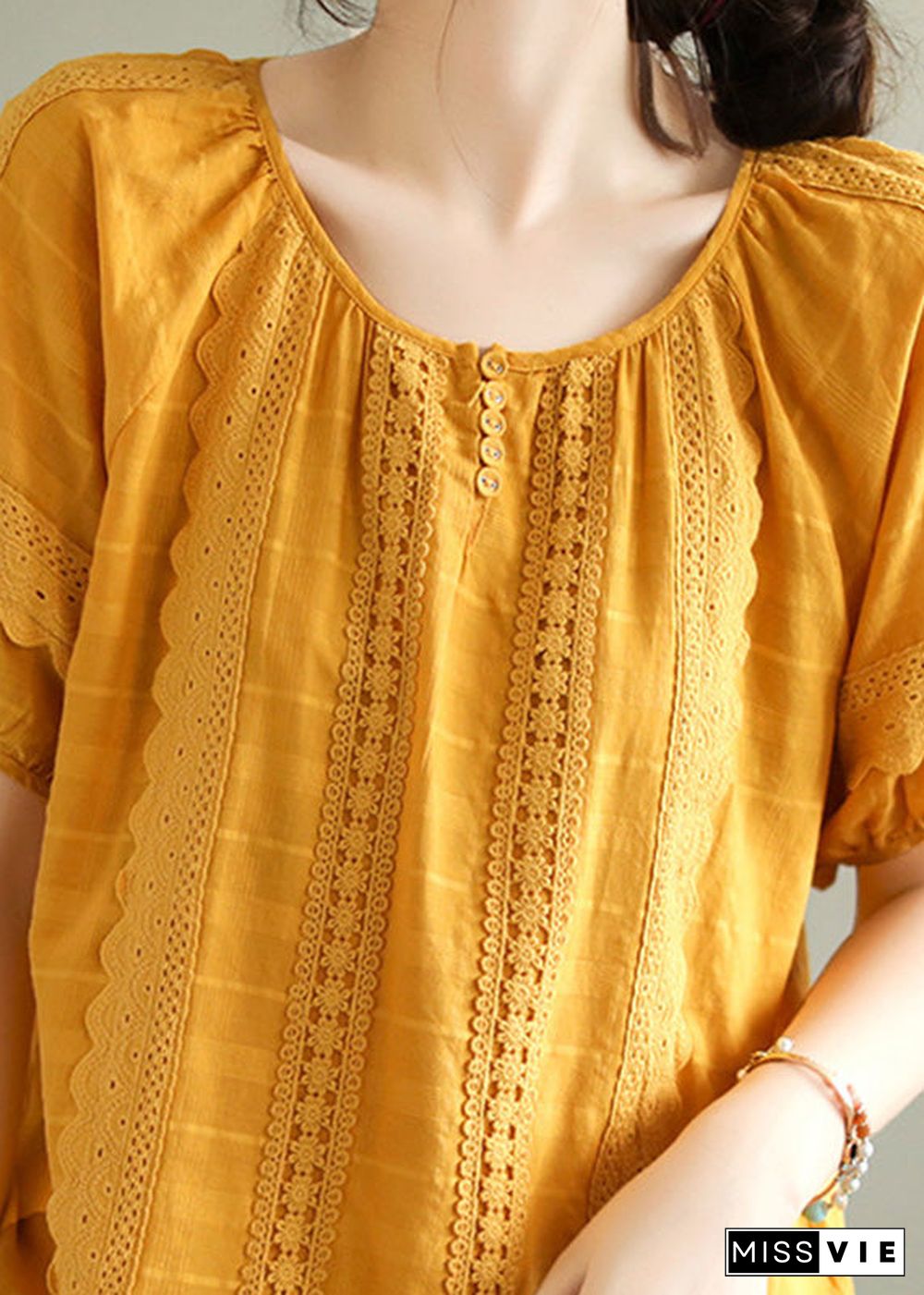 DIY Yellow Lace Patchwork Cotton Shirts Short Sleeve