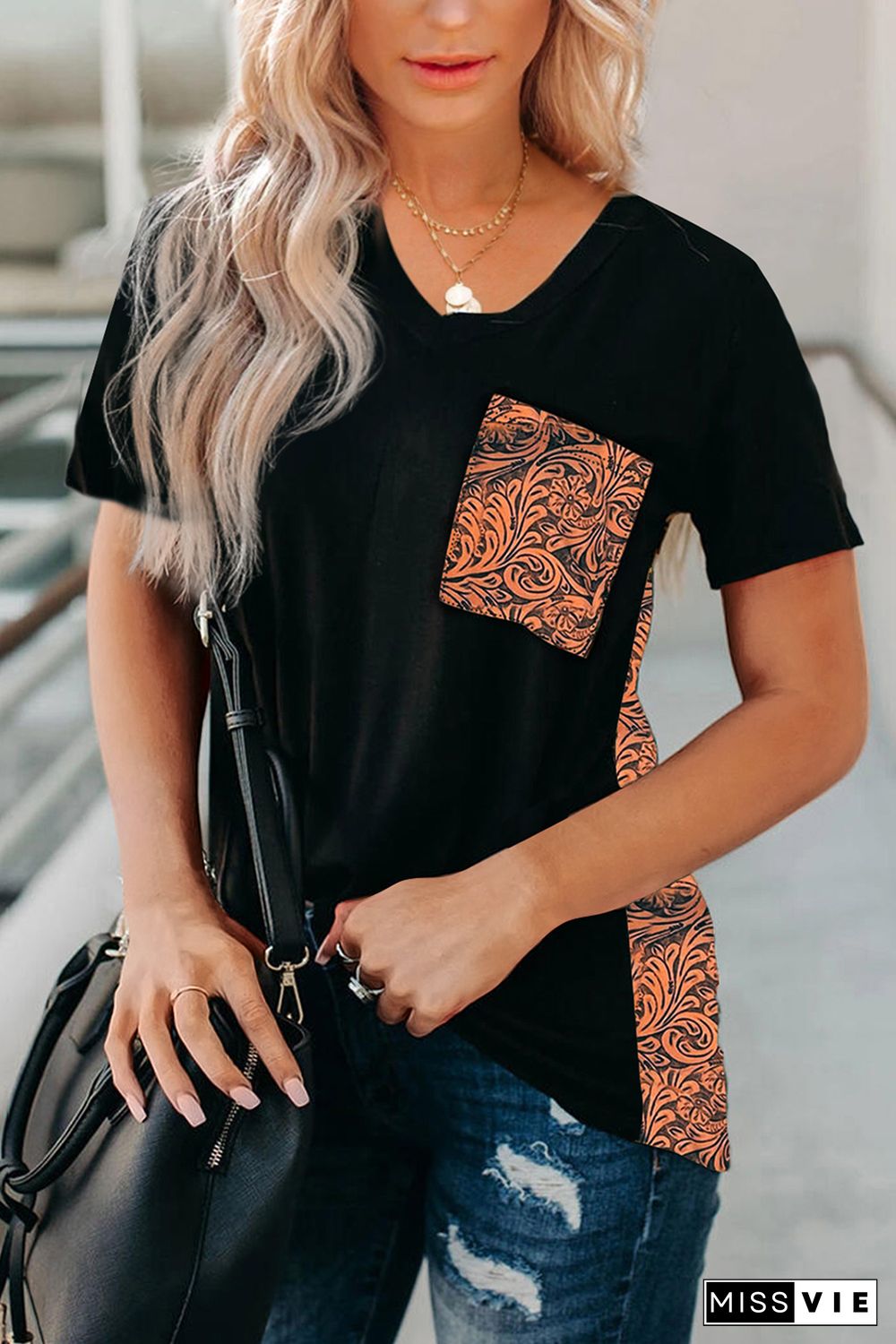 Black Women's Casual Printed Splicing Pullover Pocket T-shirt