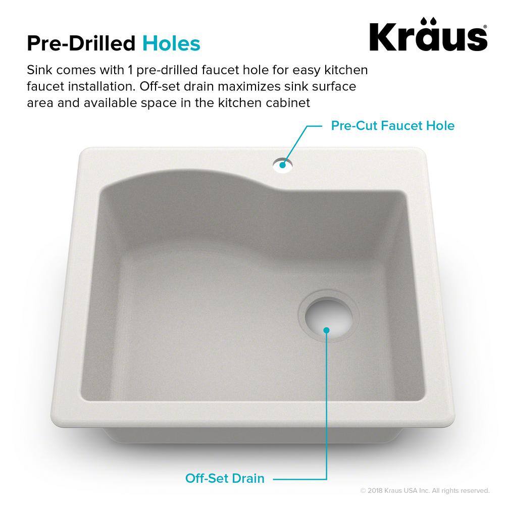 KRAUS Quarza 25 Dual Mount Single Bowl Granite Kitchen Sink in White KGD-441WHITE