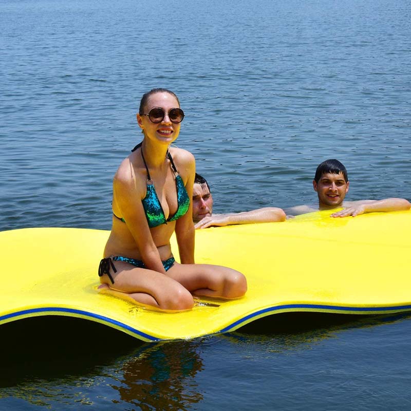 9 x 6 FT Floating Water Pad, 3-Layer XPE Foam Water Mat with Rolling Pillow, Floating Island for River Lake Ocean