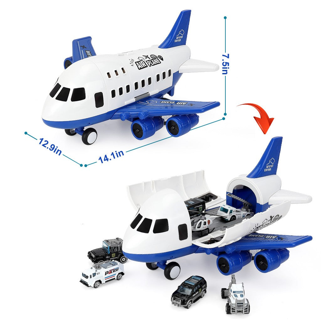 Airplane Toy Large Transport Cargo Plane STEM Toy Play Mat 7 Pieces Police Mini Toys Cars Helicopter for Kids Toddlers Child 2-6 Year Old Boys Gift