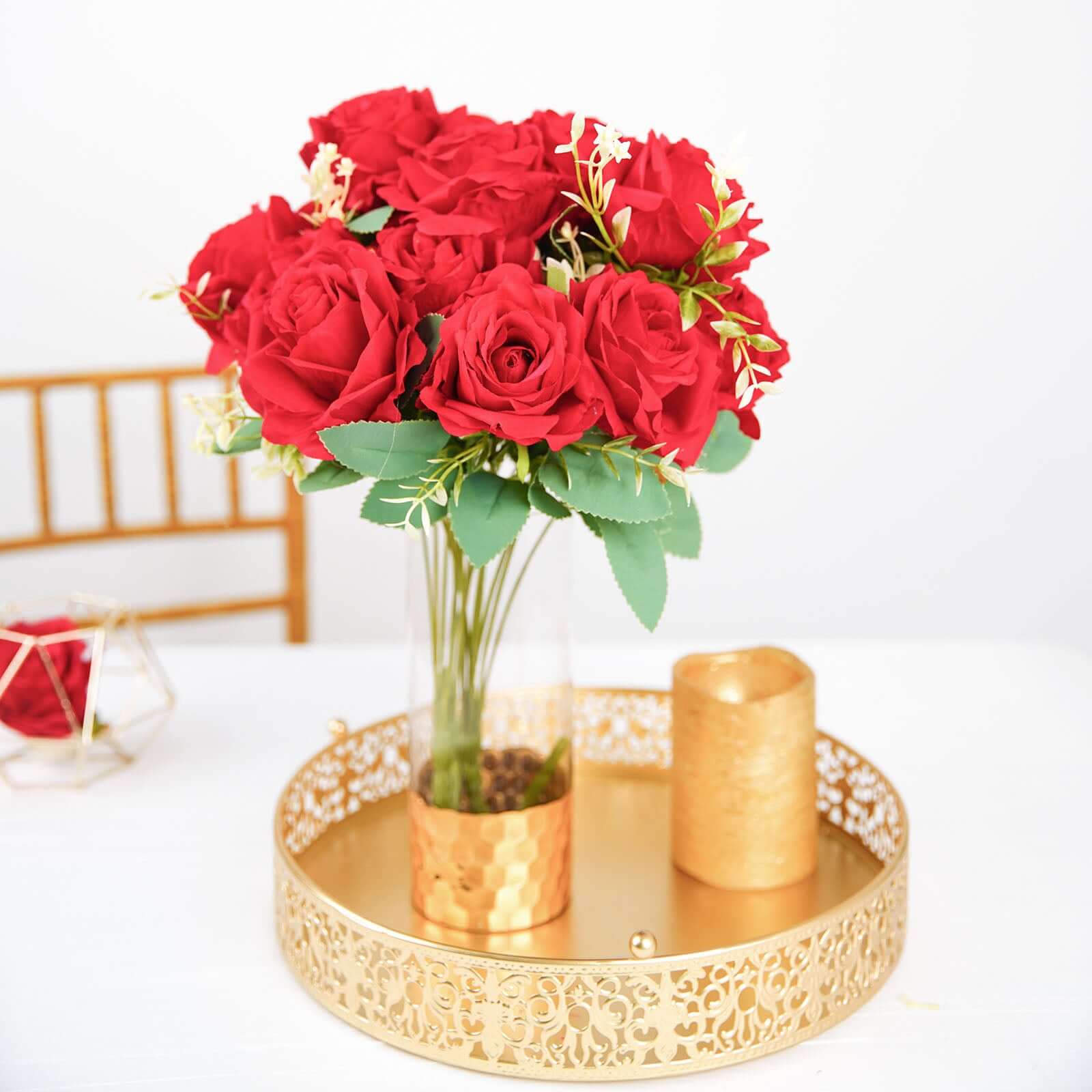 2 Bushes Red Artificial Silk Rose Flower Arrangements, Real Touch Long Stem Flower Bouquet 18