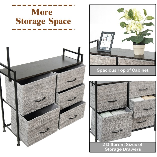 Costway 5 Drawer Fabric Dresser Hanger Metal Frame Wooden Top Storage Closet Organizer