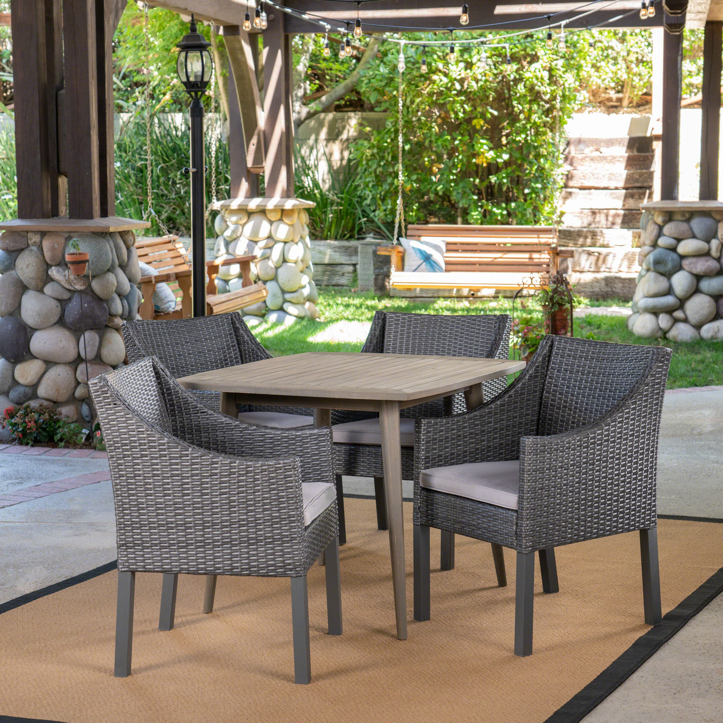 Keen Outdoor 5 Piece Wood and Wicker Dining Set, Gray and Gray