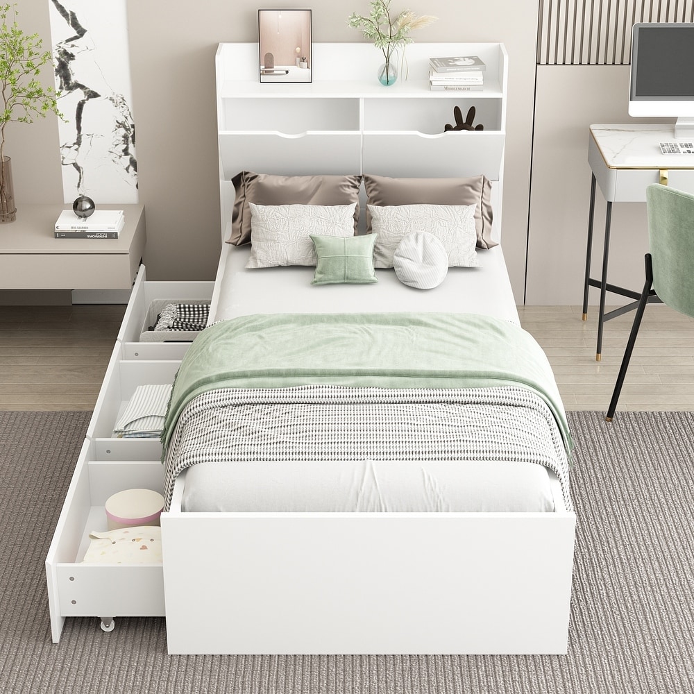 Timechee Twin Bed Frame with 3 Drawers And Hidden Storage Wood Frame