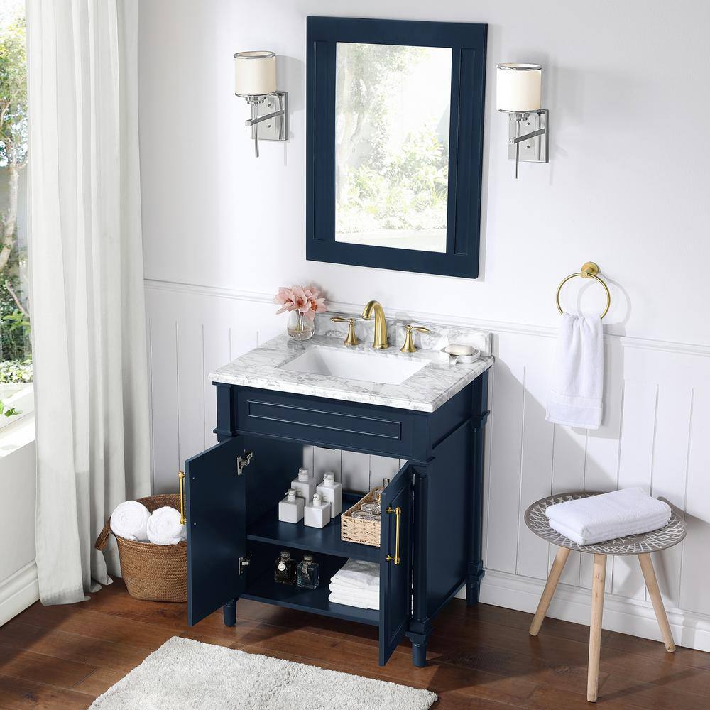 Home Decorators Collection Aberdeen 30 in. x 22 in. D x 34.5 in. H Bath Vanity in Midnight Blue with White Carrara Marble Top Aberdeen 30MB