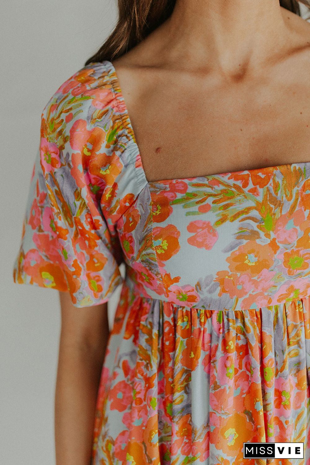 Orange High Waist Square Neck Puff Sleeve Floral Dress