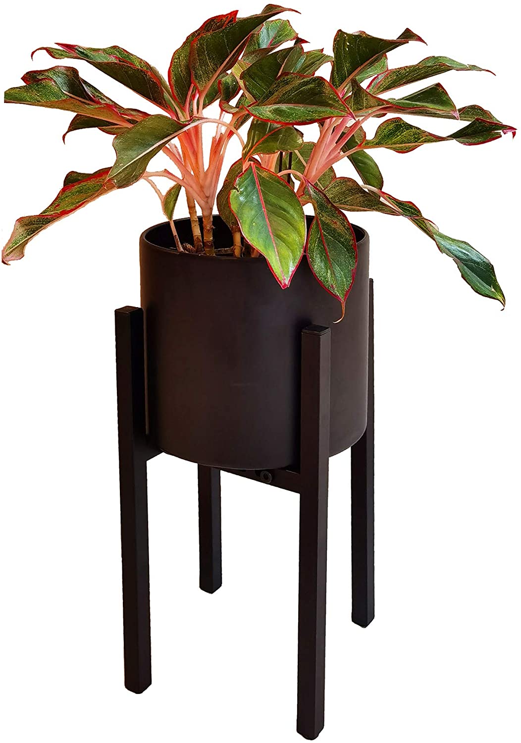 Adjustable Metal Plant Stand, Black, Quick-Adjust Planter Pot Interior Base, Dual Height Options, Powder-Coated-Steel Frame, Well-Balanced Stability