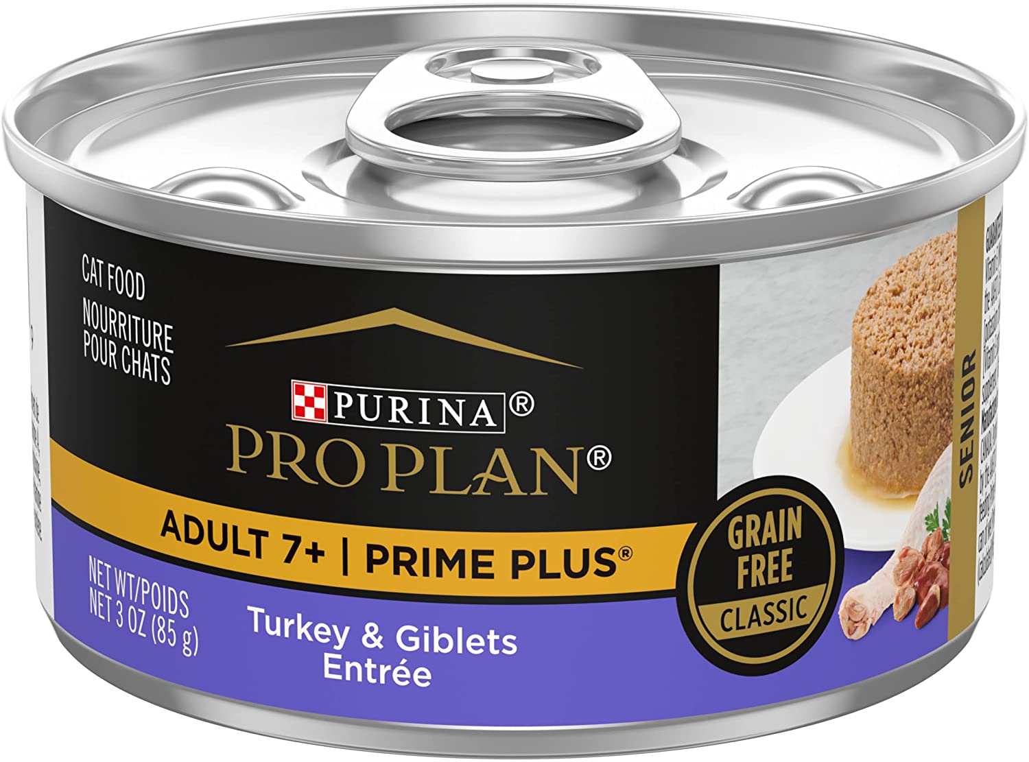 Purina Pro Plan Grain Free Senior 7+ Wet Cat Food Pate， SENIOR Prime Plus Turkey and Giblets Entree - (24) 3 oz. Pull-Top Cans