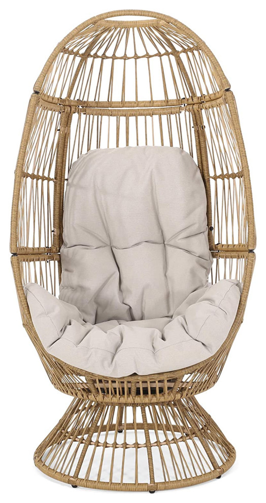 Unique Patio Lounge Chair  Egg Shaped Frame With Swiveling Cushioned Seat  Beige   Tropical   Outdoor Lounge Chairs   by Decor Love  Houzz