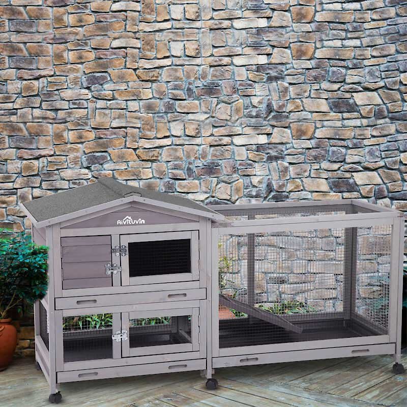 Aivituvin 33.5-in Indoor and Outdoor Ashpalt Roof Wheeled Rabbit Hutch