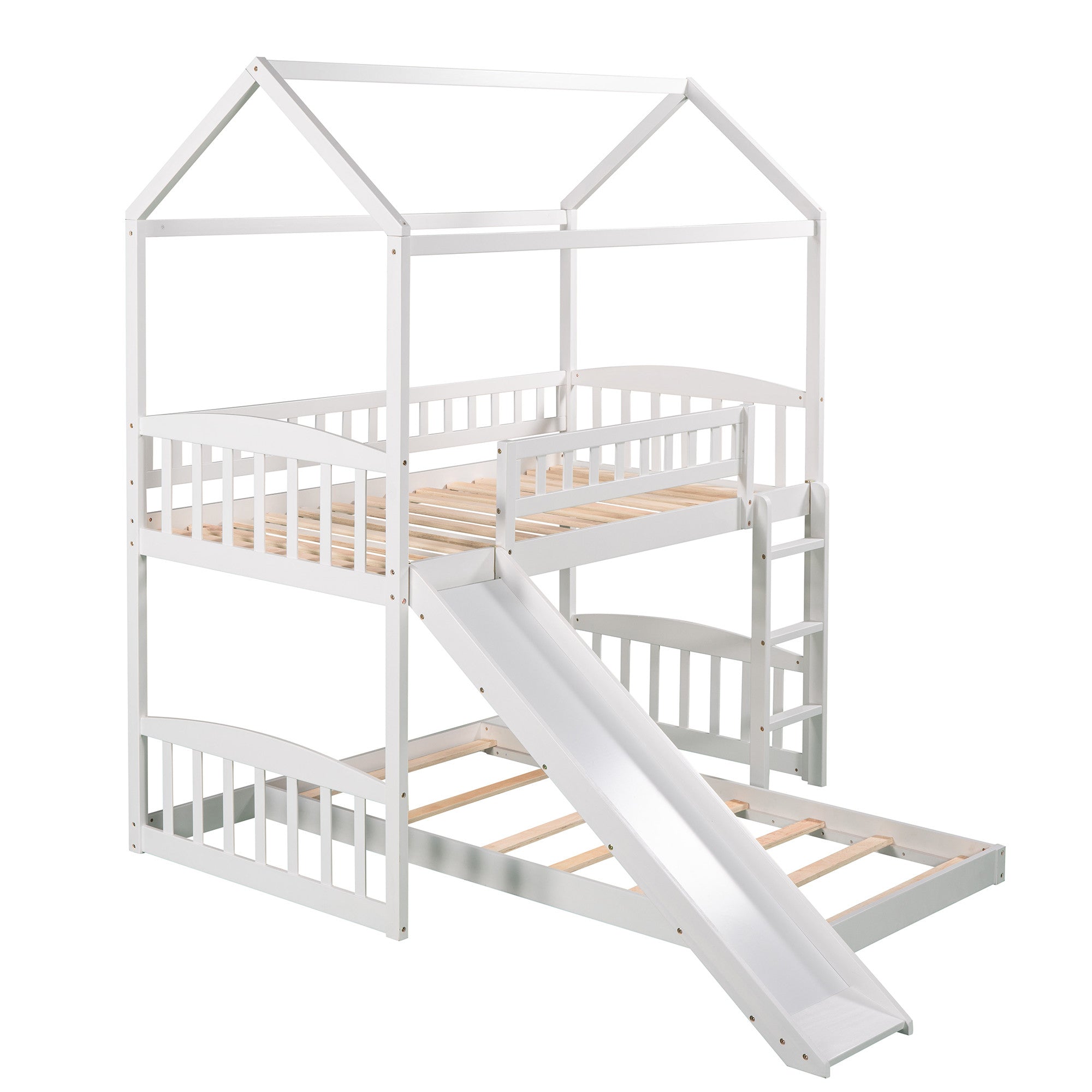 Bellemave House Bunk Bed with Slide, Wood Twin Over Twin L-Shape Bunk Bed Frame with Ladder for Kids Teens (White)