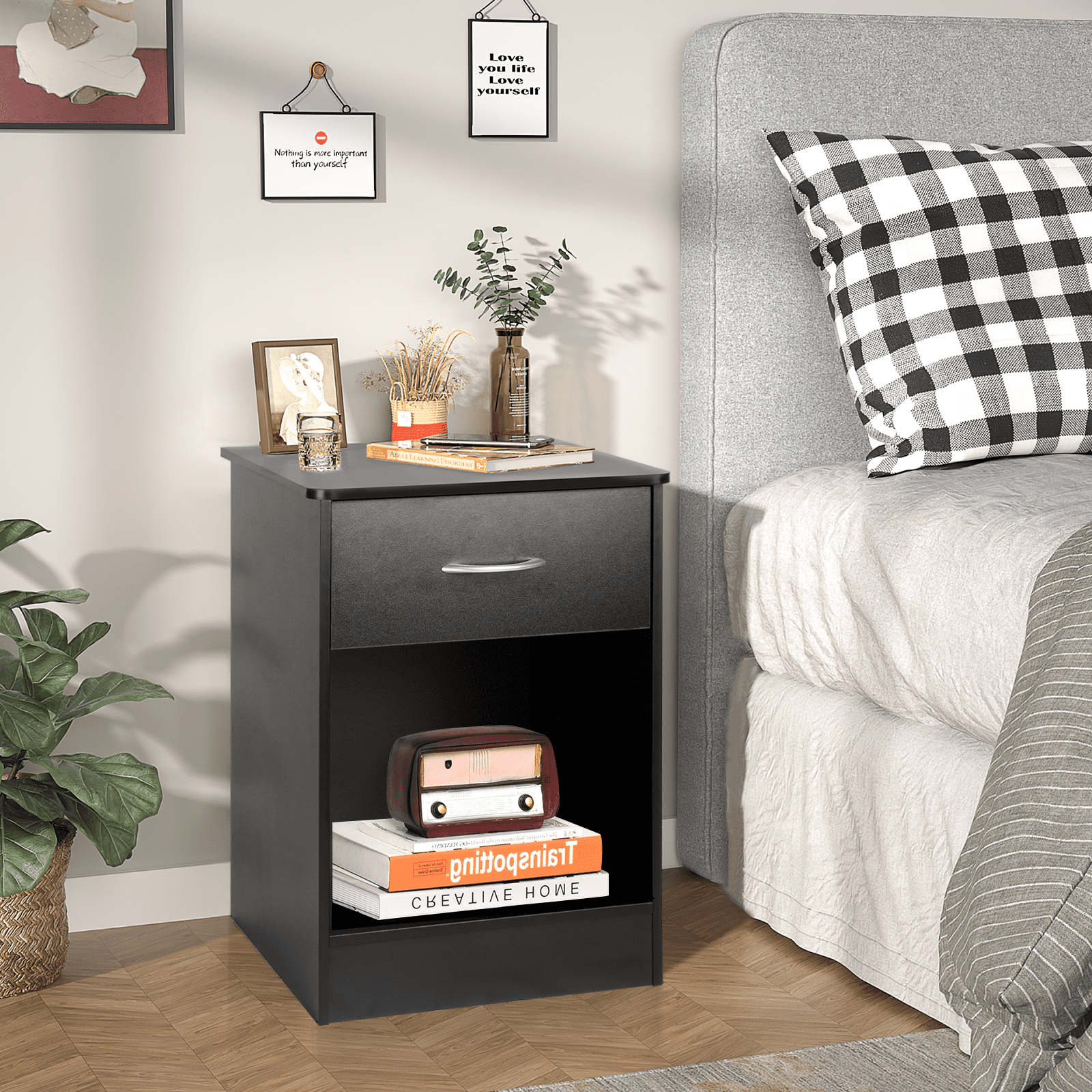 TUSY Nightstand, Bedside Furniture, End Table, Small Dresser with Drawer, Open Storage Shelf, Durable Wood Top, for Bedroom, Living Room, Black