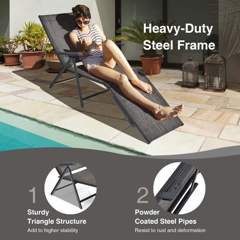 2 Pcs Folding Chaise Lounge Chair with 5-Position Backrest & 2-Position Footrest, Fabric Seat Sun Lounger for Pool Deck Beach