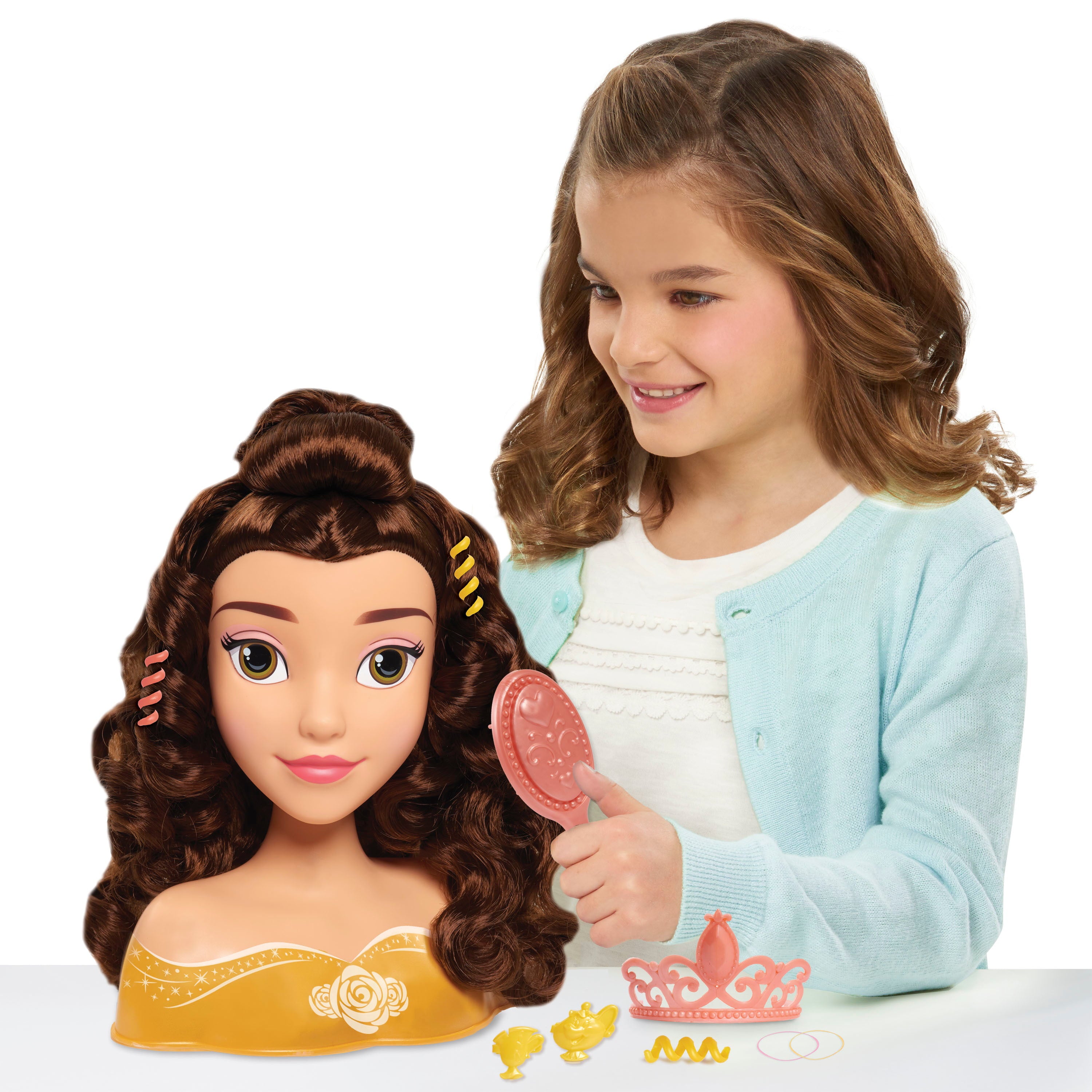 Disney Princess Belle Styling Head, Brown Hair, 10 Piece Pretend Play Set, Beauty and the Beast, Officially Licensed Kids Toys for Ages 3 Up, Gifts and Presents