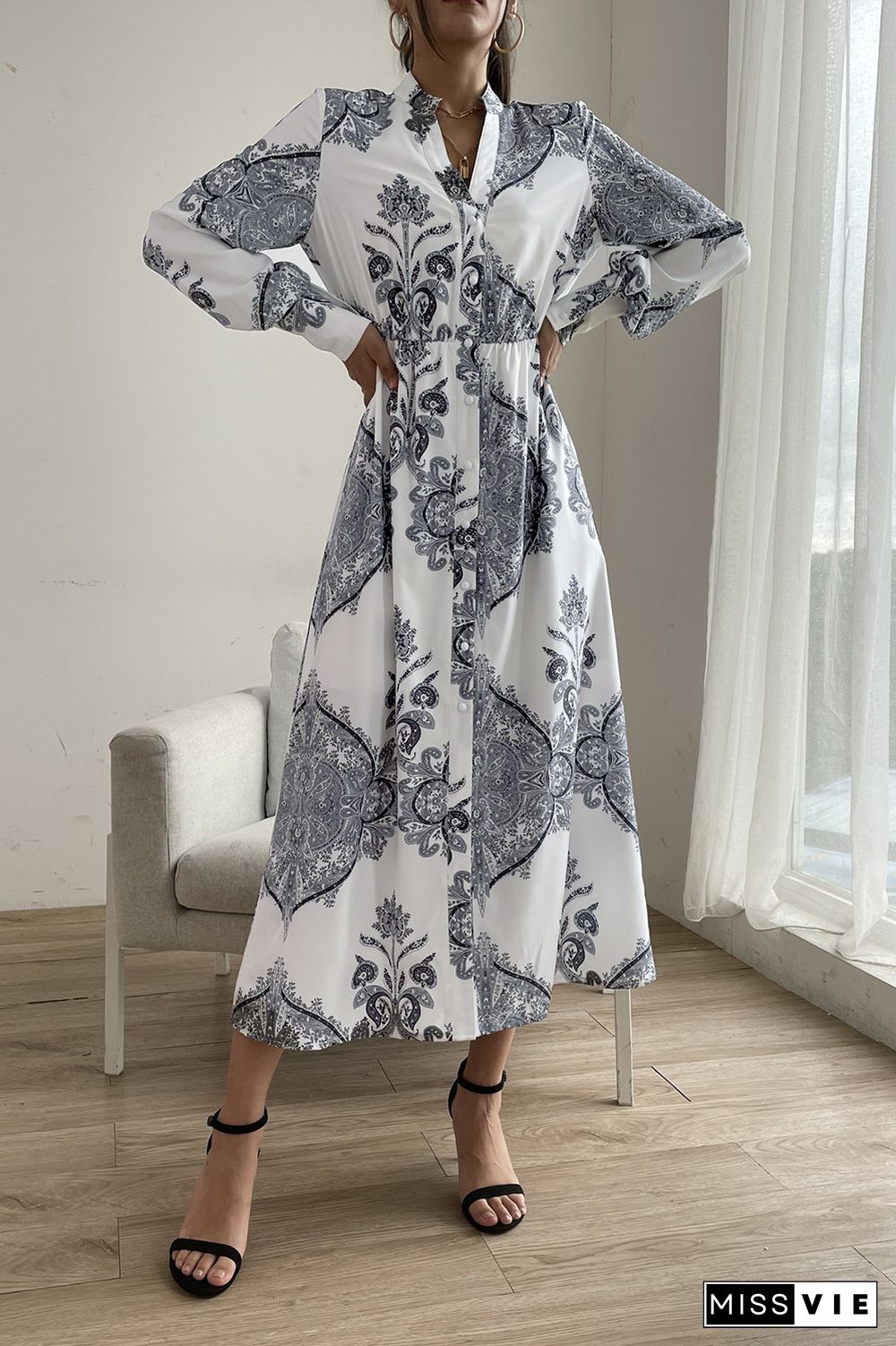 Puffy Sleeves Paisley Print Open Button Maxi Dress