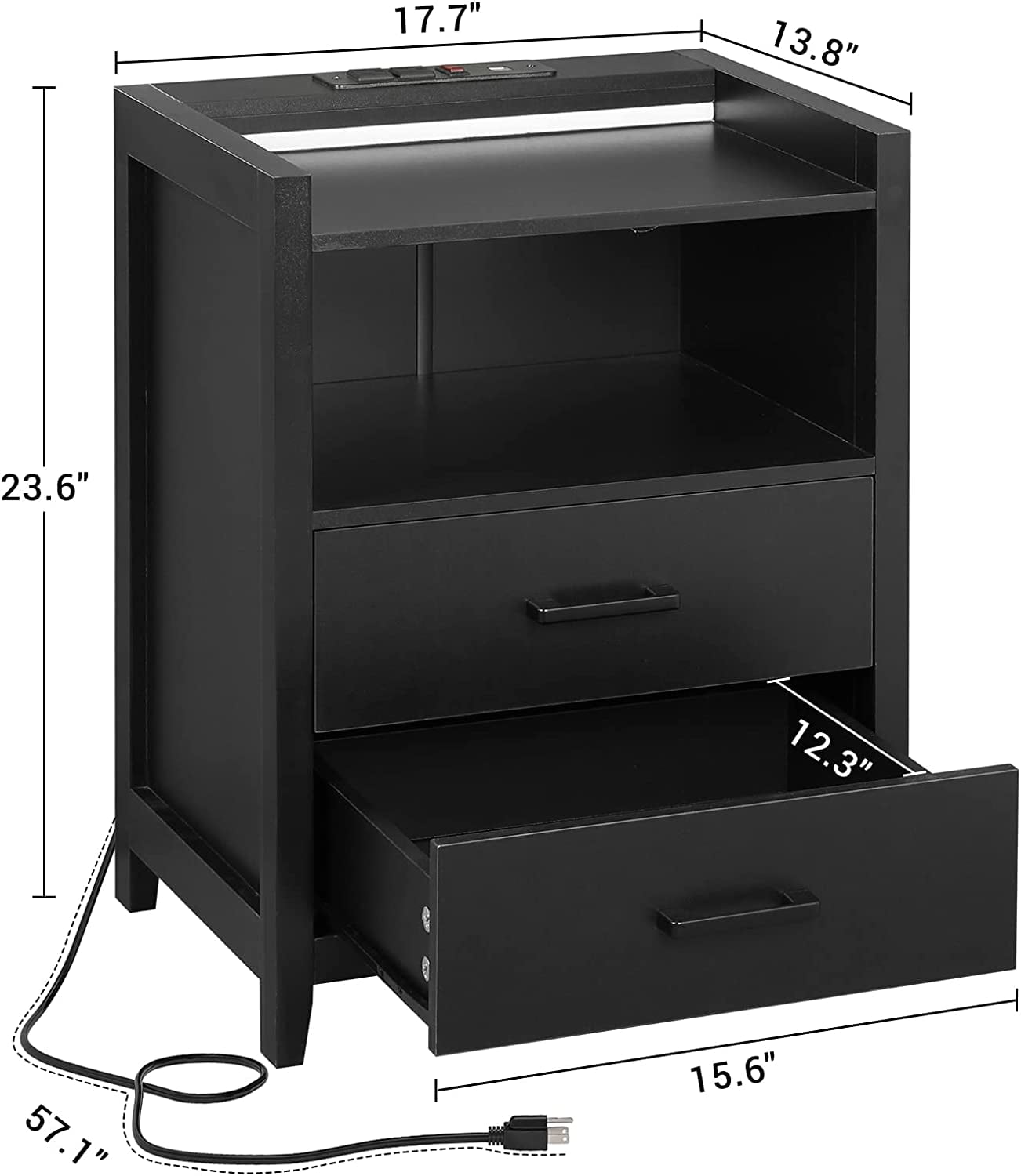 Black Nightstands for Bedroom with LED Light and Charging Station, 2 Drawers Bedside Table