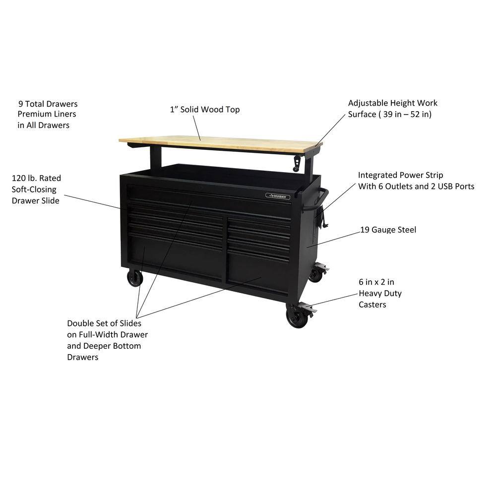 Husky 52 in. W x 25 in. D Heavy Duty 9-Drawer Mobile Workbench Cabinet with Adjustable-Height Hardwood Top in Matte Black HOLC5209BB1M