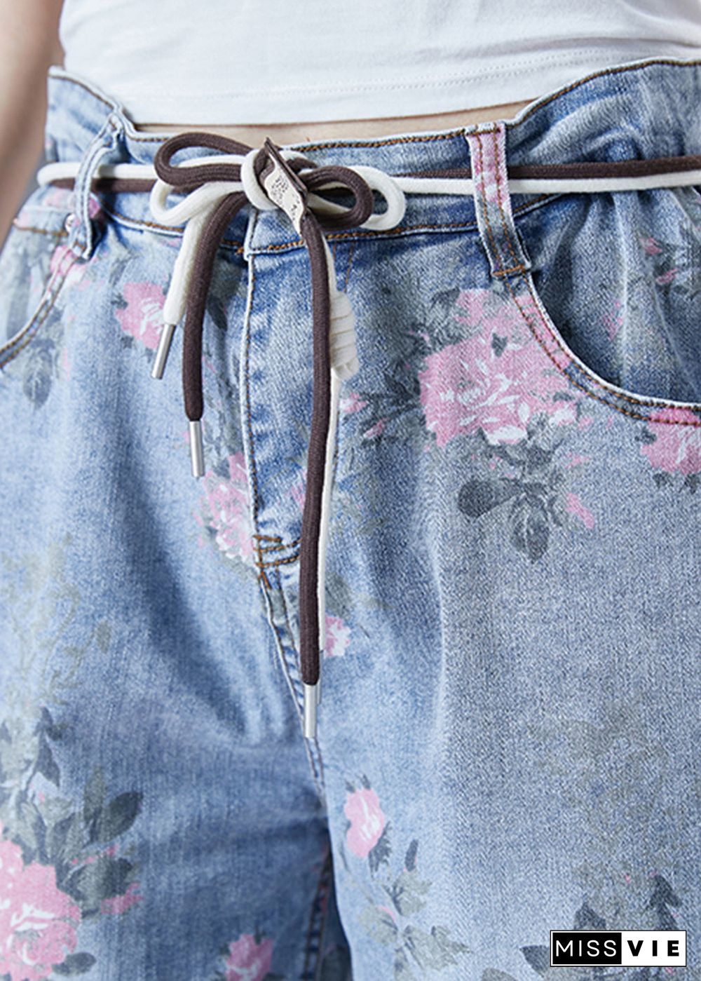 Women Light Blue Elastic Waist Print Denim Harem Pants Summer